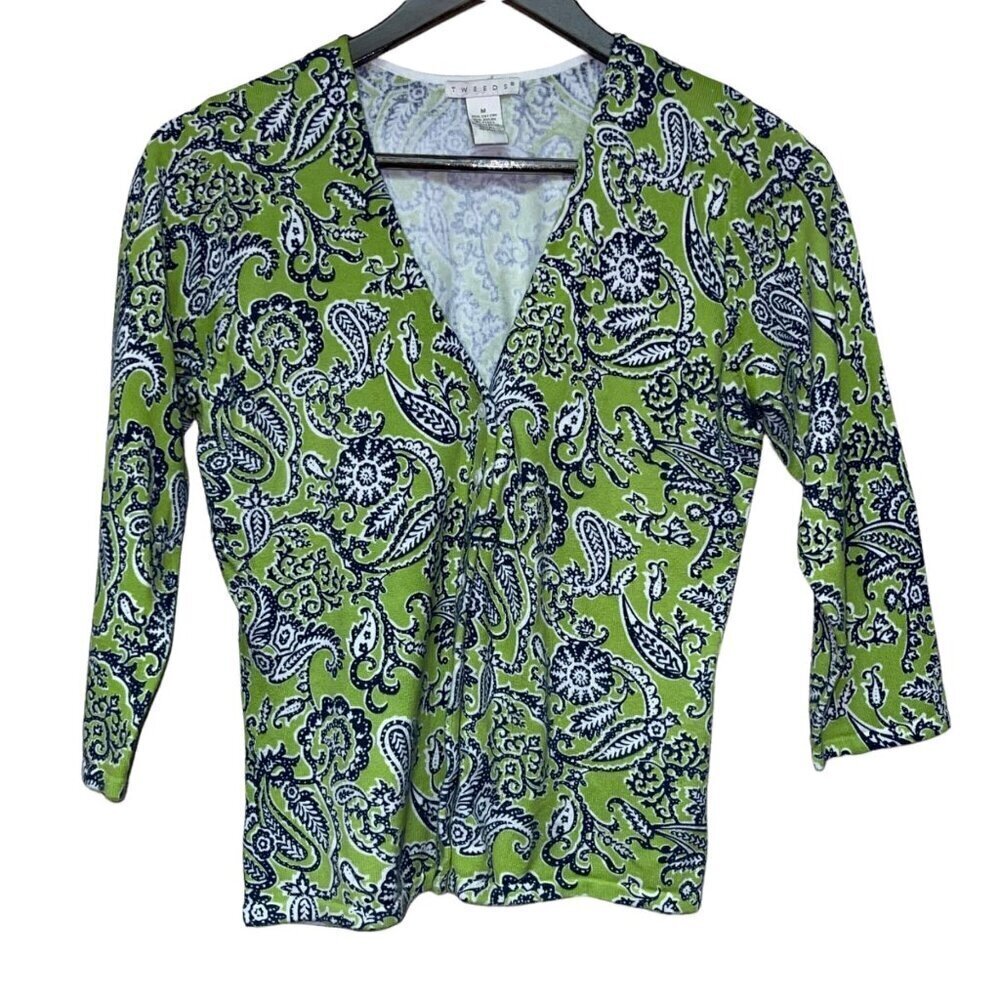 Tweeds Button  Cardigan Green Paisley 3/4 Sleeve Sweater Women's Size Medium